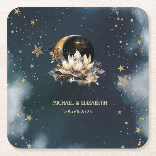 Himmlisches Gold Sonne, Mond, Sterne Lotus Nachthi Rechteckiger Pappuntersetzer