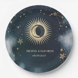 Himmlisches Gold Sonne, Mond, Sterne Nachthimmel Pappteller