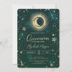Himmlisches Gold Sonne Mond Sterne Quinceanera Einladung