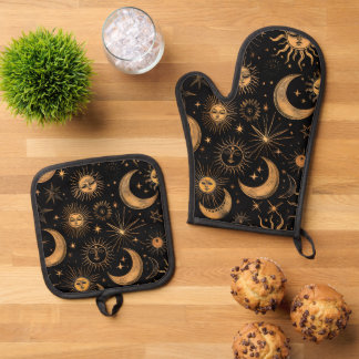 Himmlisches Gold-Sonne-Mond- und Sternen-Muster Ofenhandschuh & Topflappen-Set