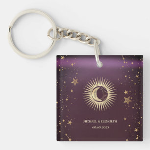 Himmlisches Gold Sonne und Mond Sterne Burgunderro Schlüsselanhänger