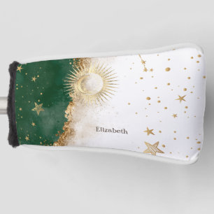Himmlisches Gold Sonne und Mond Sterne Grün Golf Headcover