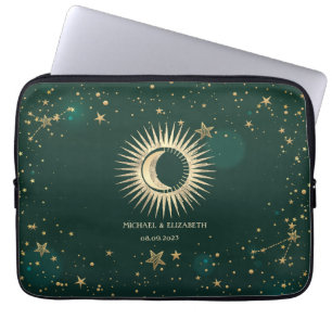 Himmlisches Gold Sonne und Mond Sterne Grün Laptopschutzhülle