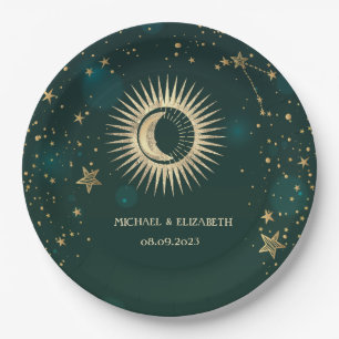 Himmlisches Gold Sonne und Mond Sterne Grün Pappteller