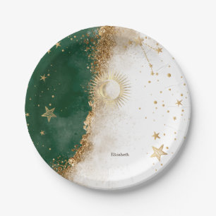 Himmlisches Gold Sonne und Mond Sterne Grün Pappteller