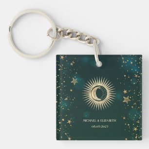 Himmlisches Gold Sonne und Mond Sterne Grün Schlüsselanhänger