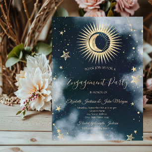 Himmlisches Gold Sonne und Mond Sterne Nachthimmel Einladung