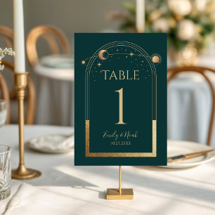 Himmlisches Grün Gold Sonne Mond Sterne Hochzeit Tischnummer
