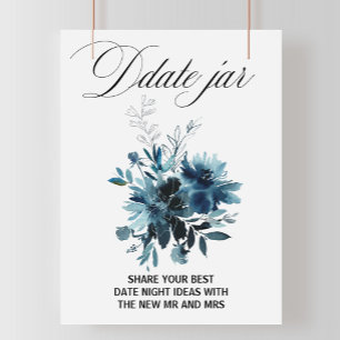 Himmlisches Marineblau-Blumen-Datum-Glas-Schild Poster