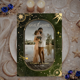 Himmlisches Oliven Grün Mond Sonne Hochzeit Save The Date