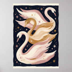Himmlisches Schwanentrio Navy Blush Folk Art Poster