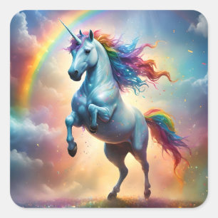 Himmlisches Spektrum: Der Regenbogen-Einhorn-Bogen Quadratischer Aufkleber
