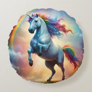 Himmlisches Spektrum: Der Regenbogen-Einhorn-Bogen Rundes Kissen