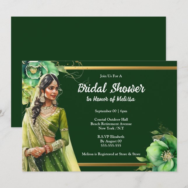 Hindi-Indianerbraut dunkelgrünes Brautparty Einladung (Vorne/Hinten)