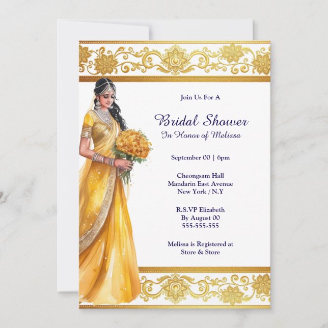 Hindi Mehndi indische Braut gelbe Goldbridal Einladung (Vorderseite)