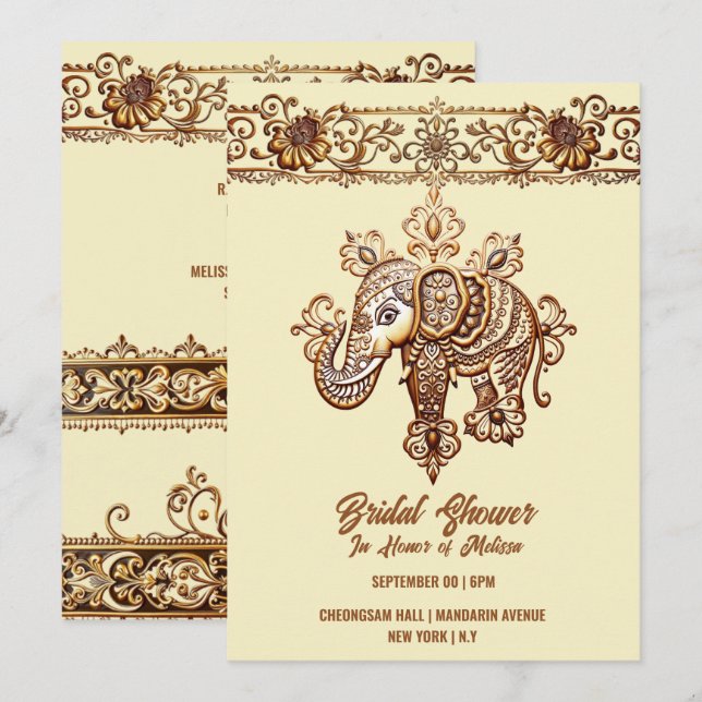 Hindi Mehndi Indischer Elefant Henna lotus Gelb Einladung (Vorne/Hinten)