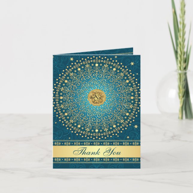 Hindu Ganesh Aquamarin Gold Scroll Stars Dankeschö Dankeskarte (Vorderseite)