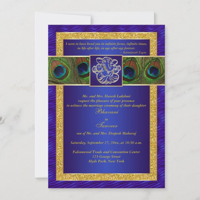 Hindu Ganesh Bleu, Mariage Peacock Or Invitation (Devant)