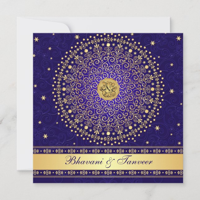 Hindu Ganesh Blue Gold Scrolls Wedding Einladung (Vorderseite)