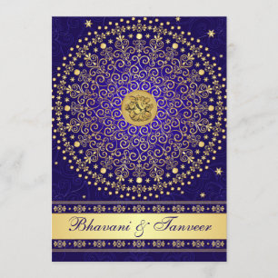 Hindu Ganesh Blue Gold Scrolls Wedding Einladung 2