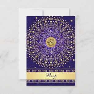 Hindu Ganesh Blue Gold Scrolls Wedding RSVP Card