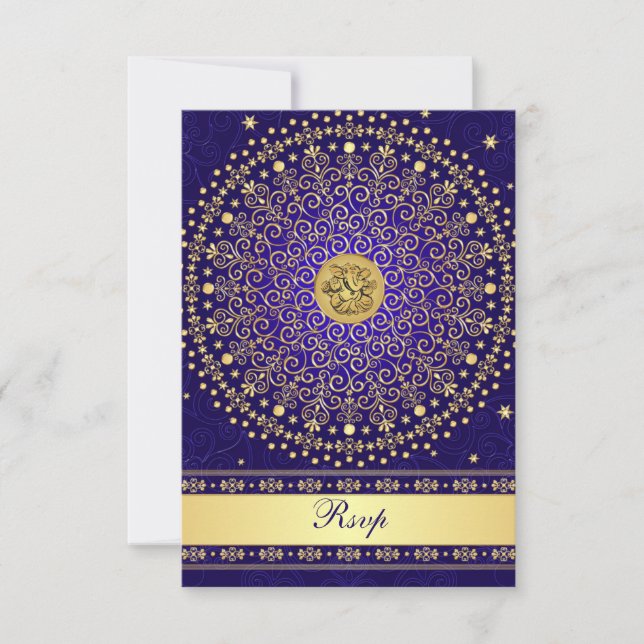 Hindu Ganesh Blue Gold Scrolls Wedding RSVP Card Karte (Vorderseite)