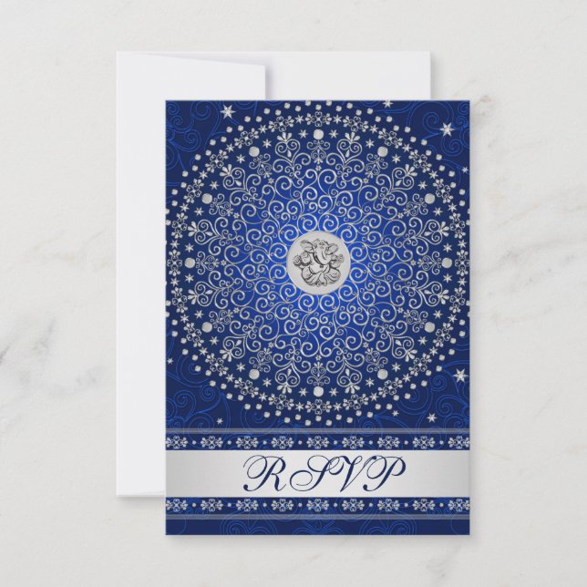 Hindu Ganesh Blue Silver Scrolls Wedding RSVP Card Karte (Vorderseite)