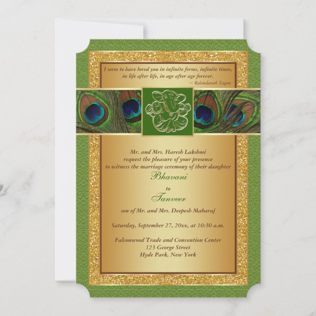 Hindu Ganesh Green, Gold Peacock Wedite Einladung (Vorderseite)