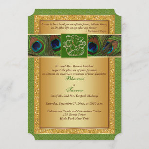 Hindu Ganesh Green, Gold Peacock Wedite Einladung