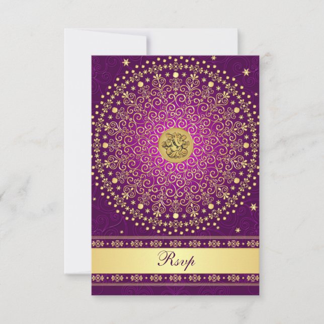 Hindu Ganesh Lila Gold Scrolls Wedding RSVP Card Einladung (Vorderseite)