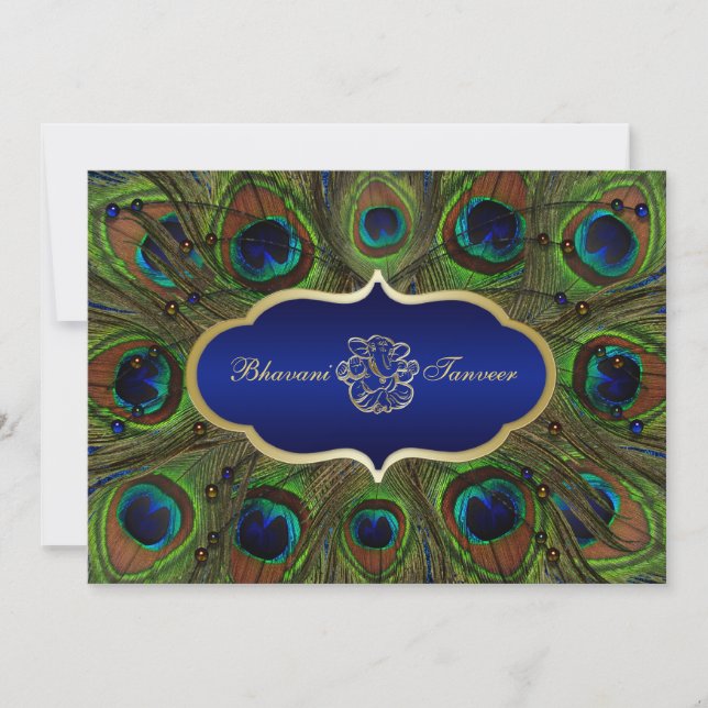 Hindu Ganesh Peacock Feathers Wedding Invite Blue Einladung (Vorderseite)