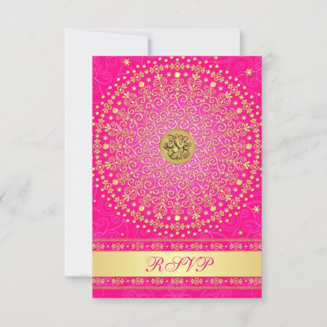 Hindu Ganesh Pink, Gold Scrolls Wedding RSVP Card Karte (Vorderseite)