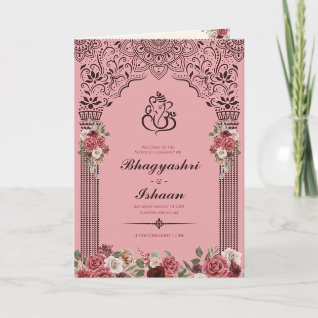 Hindu Wedding Ceremony Guide (rosa rot) geklappt Programm (Vorderseite)