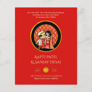 Hindu Wedding Einladungen Red Gold Cartoon Couple