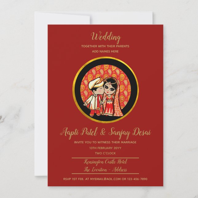 Hindu Wedding Einladungen Red Gold Cartoon Couple (Vorderseite)