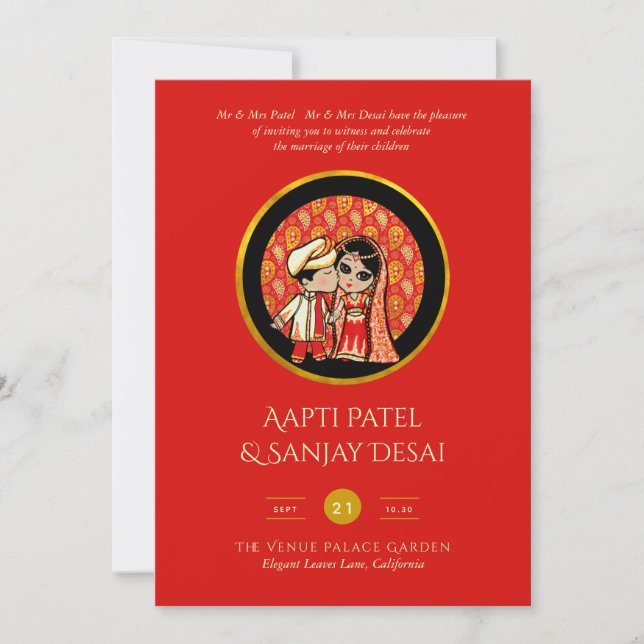 Hindu Wedding Einladungen Red Gold Cartoon Couple (Vorderseite)