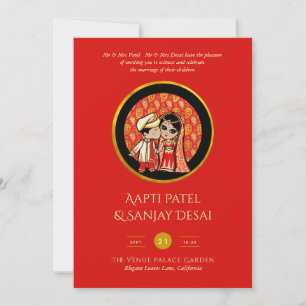 Hindu Wedding Einladungen Red Gold Cartoon Couple