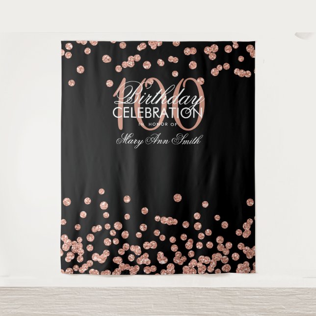 Hintergrund 100. Geburtstag Rose Gold Black Confet Wandteppich (Vorderseite)