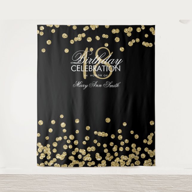 Hintergrund 18. Geburtstag Gold Black Confetti Wandteppich (Vorderseite)