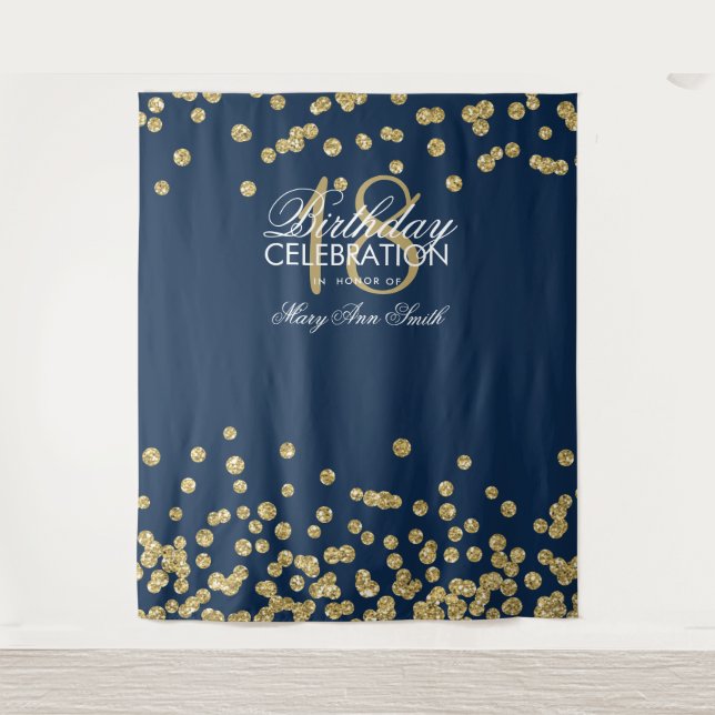 Hintergrund 18. Geburtstag Gold Navy Confetti Wandteppich (Vorderseite)