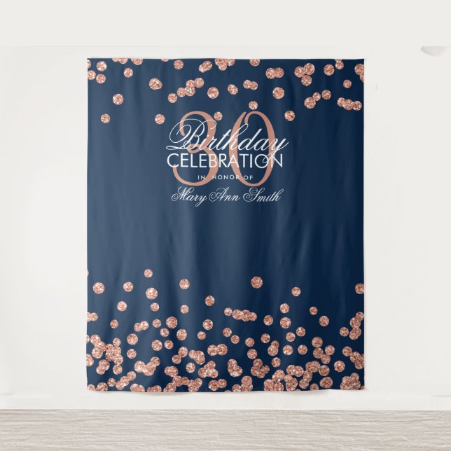 Hintergrund 30. Geburtstag Rose Gold Navy Confetti Wandteppich (Vorderseite)