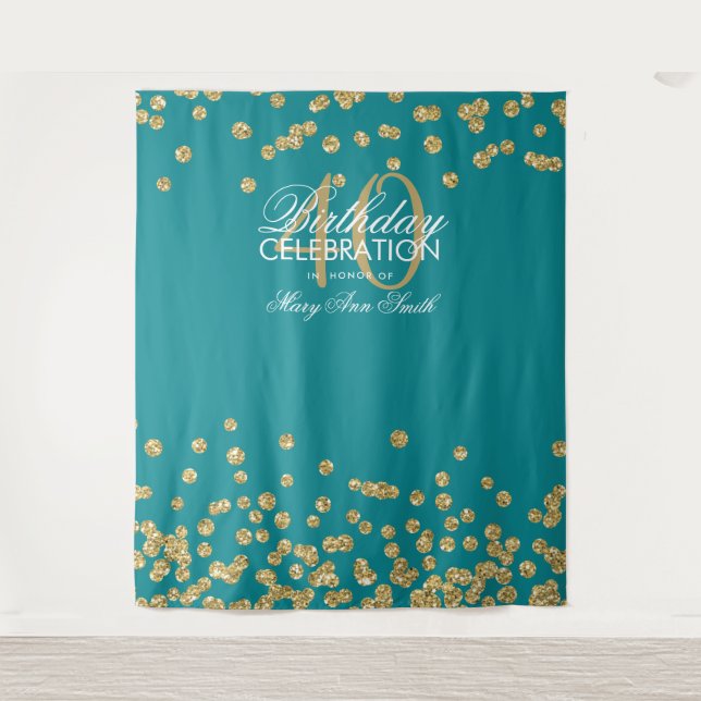 Hintergrund 40. Geburtstag Gold Aquamarin Confetti Wandteppich (Vorderseite)
