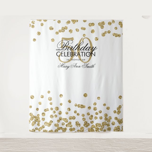 Hintergrund 50. Geburtstag Gold White Confetti Wandteppich (Vorderseite)