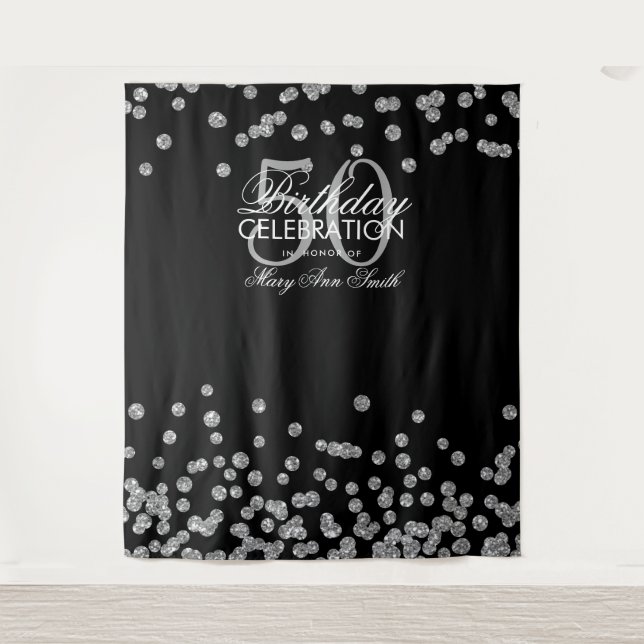 Hintergrund 50. Geburtstag Silver Black Confetti Wandteppich (Vorderseite)