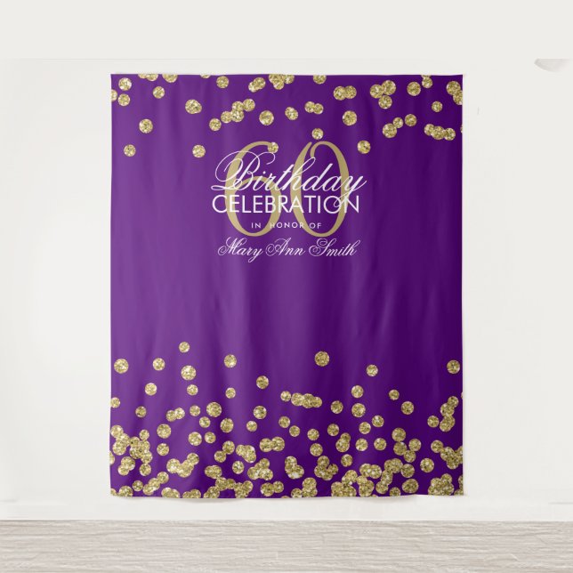 Hintergrund 60. Geburtstag Gold Lila Confetti Wandteppich (Vorderseite)
