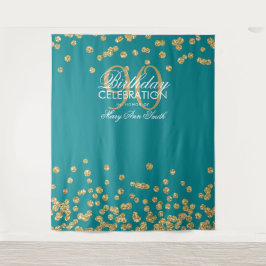 Hintergrund 90. Geburtstag Gold Aquamarin Confetti Wandteppich