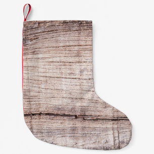 Hintergrund aus Holz, Baumstamm, Hintergrund, Stie Kleiner Weihnachtsstrumpf