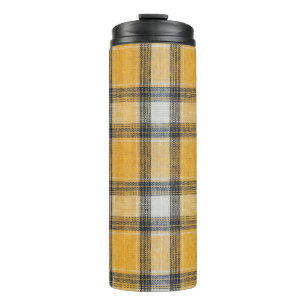 Hintergrund der gelben weißen Tartan-Textur Thermosbecher