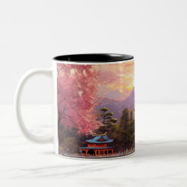Hintergrund der japanischen Landschaft mit Wasserf Zweifarbige Tasse