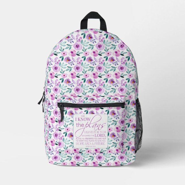 Hintergrund der Jeremiah 29:11 Bibel - violette Bl Bedruckter Rucksack (Vorderseite)